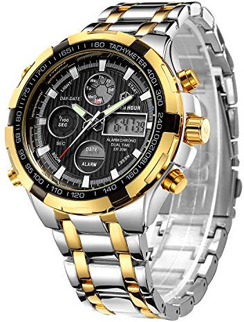 Orologio da uomo, analogico digitale, lussuoso, in acciaio, impermeabile, sportivo, militare, per l’aria aperta, colore: argento, oro, nero