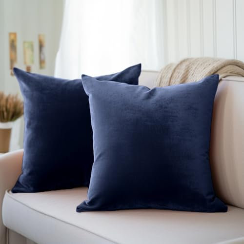 Encasa XO Kissenbezüge aus Samt - 2er-Set (40x40 cm) - Navy blau- Uni gefärbt, weich & glatt, waschbar, quadratisch, großer Wurfkissenbezug für Couch, Sofa, Stuhl, Bett und Wohnbereich