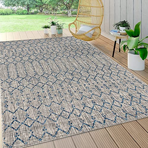 JONATHAN Y SMB108A-5 Ourika Tappeto marocchino a trama geometrica per interni ed esterni, bohémien, scandinavo, facile da pulire, cortile, patio, non perde pelo, CRIGIO/NAVY, 150 cm X 240 cm