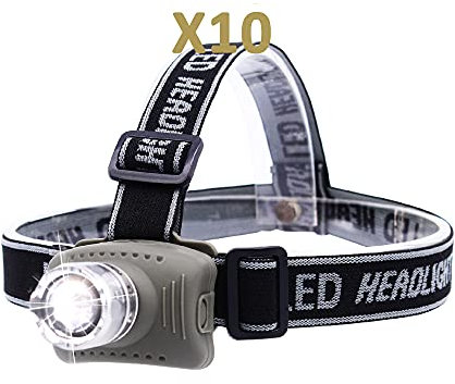 SMAMS linterna frontal cabeza led, ángulo ajustable de 90 grados, enfoque con sistema de zoom lente, con 4 modos de control de intensidad de brillo, 3 pilas AAA incluidas (10 unidades)