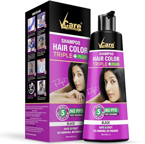 Vcare Triple Plus Hair Color Shampoo 5 Minute Haarfärbe-Set, angereichert mit Wachstumsfaktoren und Antioxidantien, ohne Ammoniak, ohne Sulfat, 180 ml