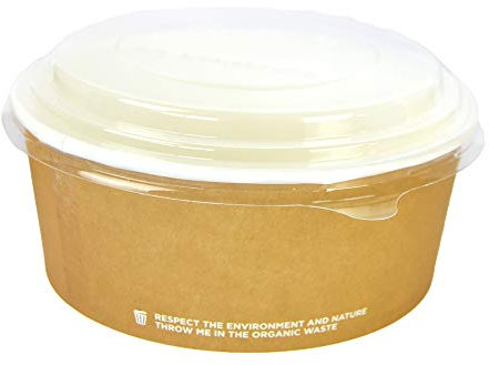PZ 50 INSALATIERA ROTONDA BIO IN CARTONCINO AVANA CC 750 + PZ 50 COPERCHI BIO PER INSALATE ED ALIMENTI DA ASPORTO