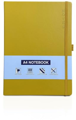A4 Notizbuch, gebunden, liniert, Notizblock, liniert, Tagebuch, mit Stifthalter, Premium-Qualität, gebundenes Buch (gelb)