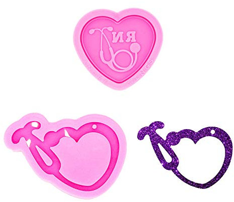 2 Stück Glänzend Glänzend Glänzend Doctor NR Krankenschwester Stethoskop Herz Form Gruppe Schlüsselanhänger Silikonform mit Loch für DIY Schmuck Süßigkeiten Gepäck Anhänger Ohrringe Halskette Fondant
