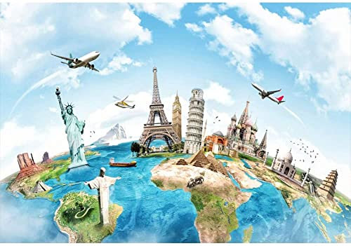 Renaiss 7x5ft Worldwide Famous Landmark Backdrop Globe Travel Photography Background Earth Map Continent Scenery Backdrop Baby Adult Portrait Shooting Wallpaper Studio Props