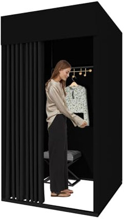 Clothing Store Fitting Room, Movable Square Changing Room, DIY Temporary Locker Room with Shading Curtain and Hook Up, Privacy Screen Partition for Office Outdoor Activity and The Mall (Black)