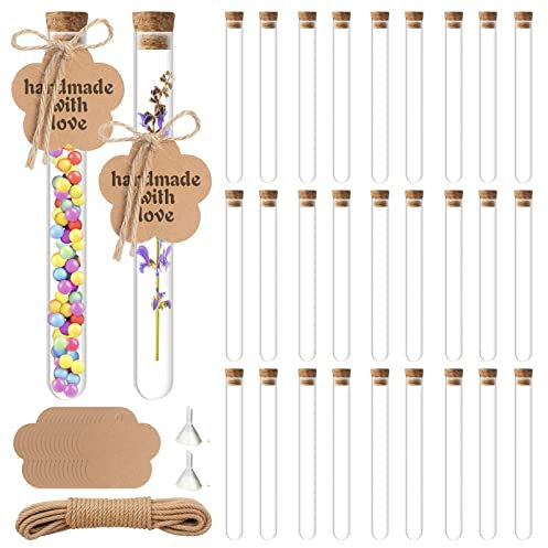 30Pcs Reagenzgläser mit Korken,20ml Transparente Reagenzgläser,Kunststoff Reagenzglas mit 30Pcs Kraftpapieranhänger,20m Hanfseil,2Pcs Trichter für Blumen, HJochzeitsmandeln
