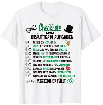 Junggesellenabschied Mann Kostüm & Polter Shirts Bräutigam Aufgaben Poltern JGA Checkliste T-Shirt für Herren, Weiß, Kurzarm, Crew-Ausschnitt, Small, Classic Fit