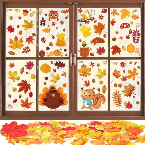 FLOFIA Set Decozione Finestra Autunno 100pz Foglie d’Acero Autunnali Finte Decorative 8 Fogli Adesivi Finestra Autunno per Decorazione Casa Finestra Festa Carnevale Halloween
