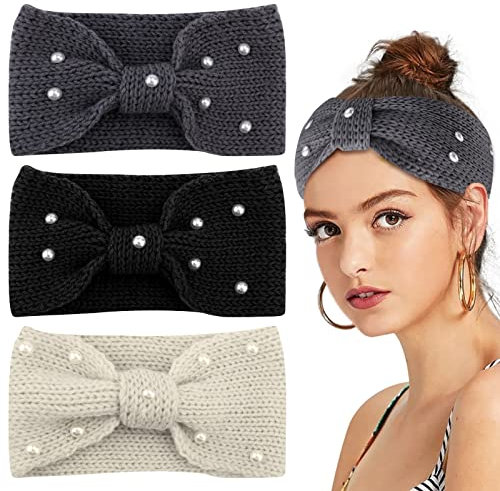3 Stück Winter Stirnbänder, Schleife Haarband mit Perle, Mädchen und Frauen Haar-Accessoires Turban Kopf Wraps Ohrwärmer Haarbänder für Jeden Tag, Waschen Gesicht, Make-up, Parteien, Termine (Stil A)