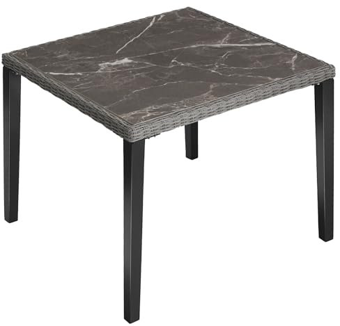 TecTake® Tavolo in Rattan Taranto, Effetto Marmo, Telaio in Alluminio e Gambe in Legno Massiccio, Quadrato, per Giardino e Esterno, 93,5x93,5x75 cm, Cappucci in Plastica Antigraffio - Grigio