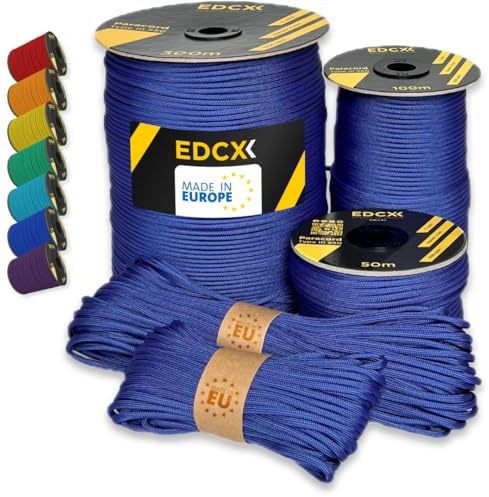 EdcX Paracord 550 4mm, 35+ Solid Colors (10m, 15m, 30m, 50m, 100m, 300m) | Royal Blue, 300 m – 100% Nylon Rope 4mm, Type III 7 strand | Survival, Camping, Bushcraft, Crafts | Made in EU