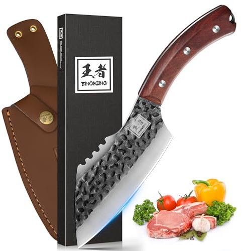 ENOKING 6.1 Inch Meat Cleaver Knife with Sheath, Hand Forged Butcher Knife for Meat Cutting, Full Tang Chef Knife for Kitchen, Outdoor Cooking, Camping, BBQ, with Gift Box