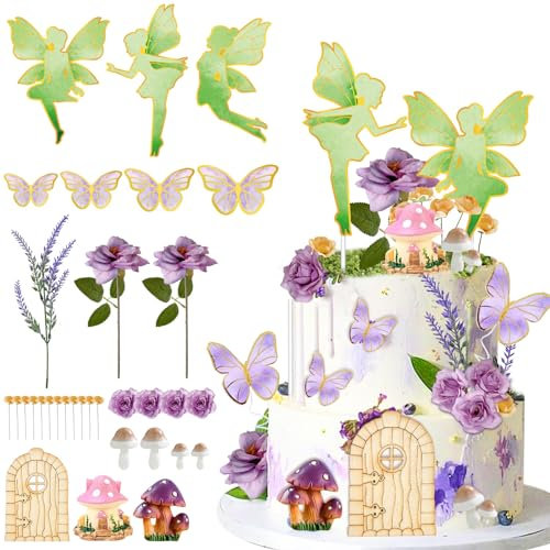 38Pcs Fairy Cake Toppers- JUYRLE Fairy Cake Decoration Pink Mushroom House Cake Decoration with Butterfly Flower Fairy Garden Topper for Girls Spring Happy Birthday Party Baby Shower