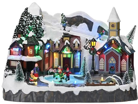 Valery Madelyn Christmas Village Sledding Down Hill, Pre-Lit Lighted Christmas House Large Snow Skating Pond Dynamic Scenes Cottage Decoration Gift for Table Top Decoration 13.3 Inch
