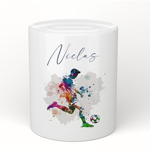 Manufaktur Liebevoll Personalisierte Kinder Spardose Fußball Fußballspieler Namen Geschenk Einschulung Geburtstagsgeschenk Geldgeschenk Sparschwein Sparbüchse Keramik Jungen (Fußballer Niclas)