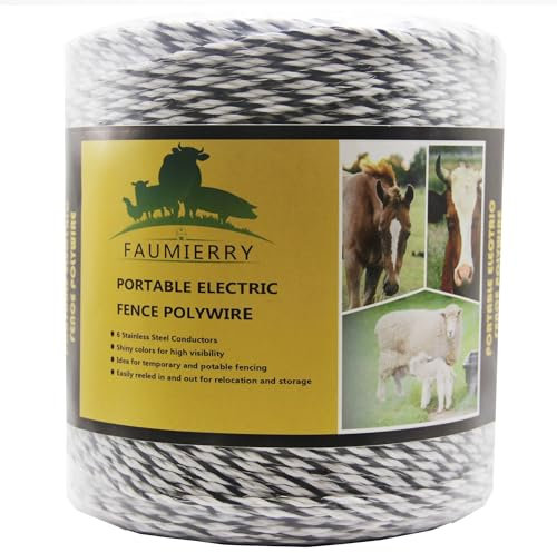 FAUMIERRY Heavy Duty Electric Fence Polywire 1312 Feet, 400 Meters 9 Stainless Steel Strands Portable Electric Fence Rope Portable Electric Fencing Polywire Black and White