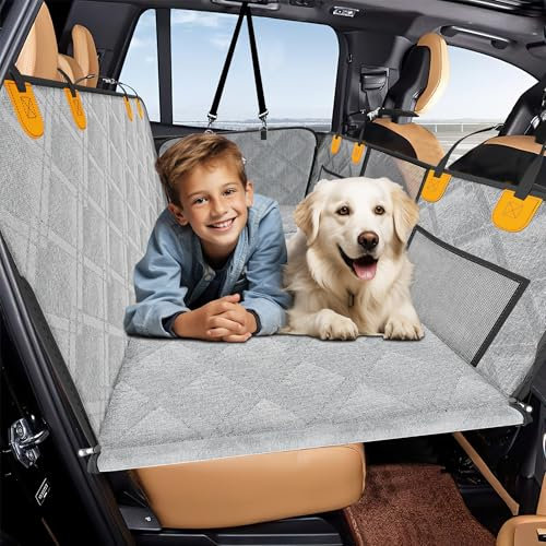 Loiion Car Back Seat Extender, Dog Car Seat Cover Hard Bottom, Dog Hammock for Car Back Seat, Pet Seat Cover with Mesh Window, Waterproof Dog Mat for Car Truck SUV, Grey