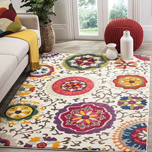 SAFAVIEH Boho Teppich für Wohnzimmer, Esszimmer, Schlafzimmer - Monaco Collection, Kurzer Flor, Elfenbein und Multi, 160 x 160 cm