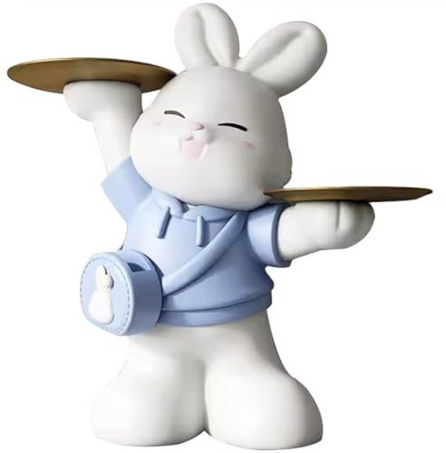 Skulptur Deko Mit Tablett Großer Süßer Hase, Der Auf Dem Boden Steht Statue Mit Tablett, Ablagefach Für Die Fernbedienung des TV-Schranks, 3-Zonen-Lagerung, Geburtstagsgeschenk (Color : Blau, S : 68