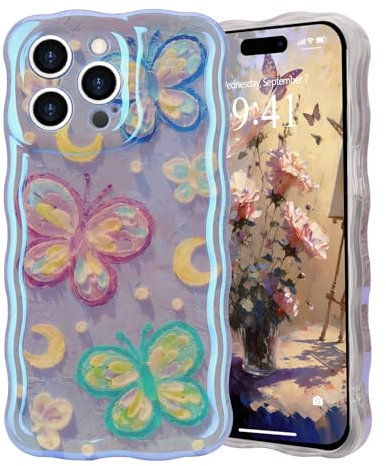 LAPOPNUT Kompatibel mit iPhone 13 Pro Hülle Vintage Ölgemälde Blume Mädchen Handyhülle Süße lockige Wellen Rahmenform Aesthetic Design Schutzhülle für iPhone 13 Pro Blauer Schmetterling