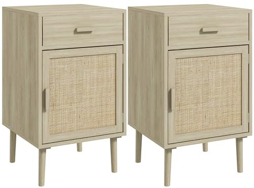 HOMCOM Bedside Table Set of 2, Rattan Side Tables with Drawer, Cabinet and Adjustable Shelf, Boho Bedside Cabinet with Storage for Bedroom, Living Room, Natural Wood Effect