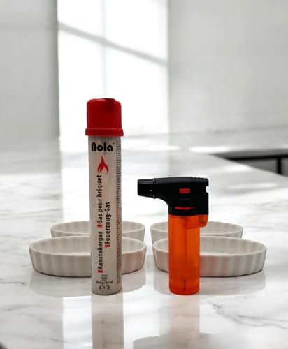 NOLA Küchenbrenner (inkl. Nachfüllgas und 4 Keramik-Schälchen) Flambierbrenner, Nachfüllbarer Crème Brulée Brenner Set Flambierer Flambiergerät Küchenbrenner für die Küche, Desserts, Camping Art.864