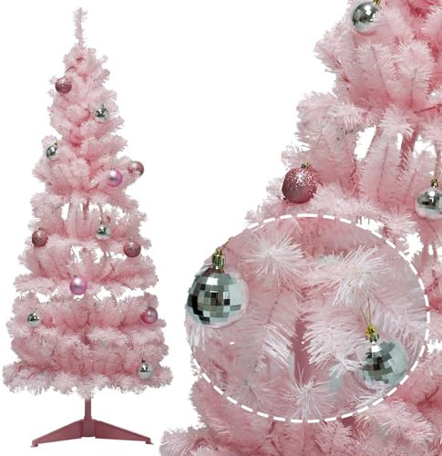 1.5M Christmas Tree Easter Decoration,Artificial Tree Shinny Pink Branches 283 Tips,Mini Christmas Tree with Christmas Balls,Indoor Outdoor Christmas Ornament for Small Space