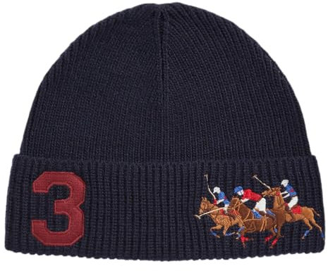 POLO RALPH LAUREN Dreifach-Pony-Beanie-Mütze aus Wollmischgewebe, gerippte Bündchen, Marineblau, Einheitsgröße