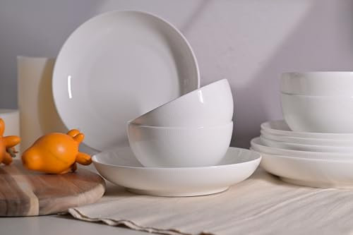 Unishanee Setaria - Servizio da tavola in porcellana Bone China, 12 pezzi, servizio per 4 piatti, piatti, ciotole, adatto al microonde e alla lavastoviglie, colore: bianco avorio con strisce curve