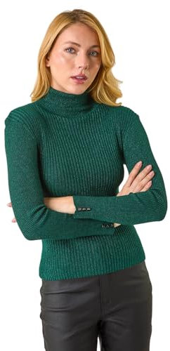 Roman Ribbed Knit Turtleneck Jumper for Women UK - Ladies Autumn Everyday Winter Holiday Long Sleeve Soft High Neckline Comfy Warm Feel Desk to Dinner Sweaters - Green - Size 12