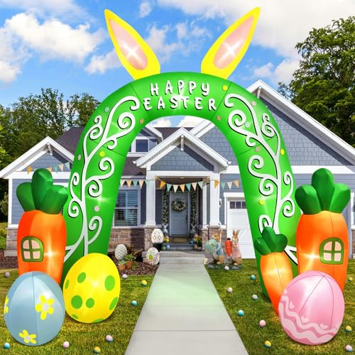 Kalolary Ostern Aufblasbare Dekorationen im Freien, Osterhase Kaninchenohren Bogen mit LEDs aufblasen Hof Dekorationen aufblasbar für Indoor Outdoor Rasen Garten Party (12FT, Grünes Ohr Bogen)
