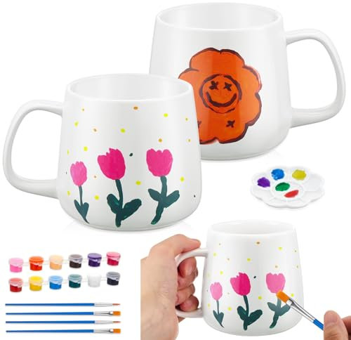 Geiserailie 2 Pcs Mug Painting Kit Paint Your Own Mug with 2 Unfinished Blank Ceramic Sublimation Cups 12 Color Pigment, Brushes for Graduation Teacher Appreciation DIY Cups Gifts(Drum Style)