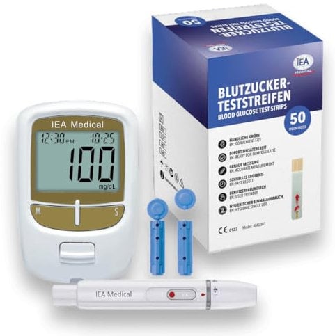 IEA Medical Bundle: Blutzuckermessgerät Set mit 100 Teststreifen und 50 Lanzetten, Blutzuckermesssystem für Diabetes, Blutzuckermessung zur Blutzuckerkontrolle