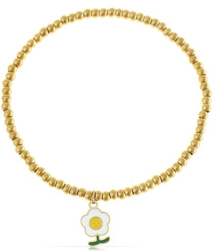 Made by Nami Goldenes Perlenarmband Damen Elastische Freundschaftsarmbänder mit Charms aus Chirurgischem Edelstahl Hypoallergen Wasserfester Schmuck Gold (Flower)