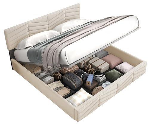Zenithpath Bett 180x200cm, Boxspringbett Polsterbett aus Velvet Kopfteil Höhenverstellbar Hydraulisch Bett mit Stauraum, Doppelbett Bettgestell ohne Matratze