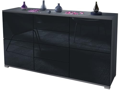 Vladon Sideboard Rova V1, Kommode mit 4 Türen und 4 Schubladen, Anthrazit matt/Schwarz Hochglanz (138,5 x 75,5 x 35)
