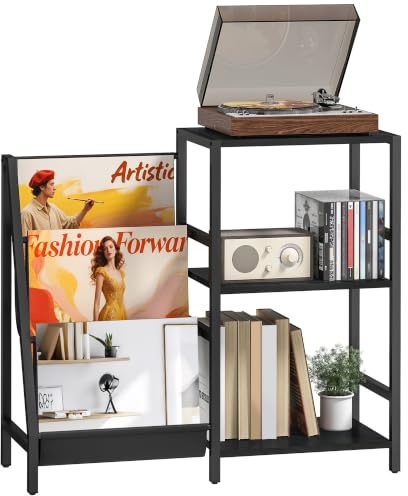 HOMCOM Record Player Stand with Vinyl Record Storage Black Wood Effect | 3-Tier Side Table, End Table, 3 Oxford Cloth Magazine Racks, Living Room, Bedroom