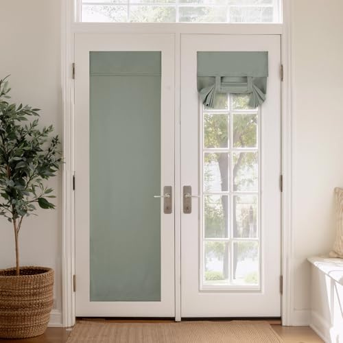 PONY DANCE Blackout French Door Curtain, Sage Green, 1 Panel, W26 x L69 | Self Adhesive No Drill, Privacy &Thermal Insulated, Fits Kitchen, Front, Back Doors and Patio Windows, Renter Friendly