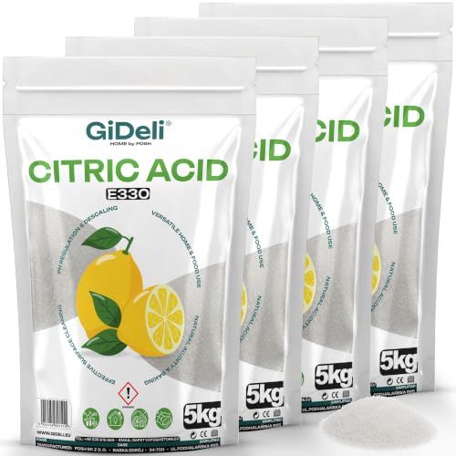 GiDeli Ácido Cítrico Polvo 4 Bolsas de 5 kg - E330 Alimentario - Limpieza | elimina cal incrustada, apto para cafetera, hervidor y lavadora, acidulante culinario, sin aromas ni colorantes