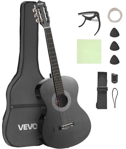 VEVOR Guitare Classique Débutants, 96 cm, avec Cordes Nylon, Housse de Transport, Sangle, Accordeur, Cordes Supplémentaires, Médiators, Capodastre, en Tilleul, pour Adolescent, Adulte, Étudiant, Noir
