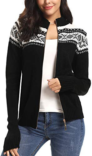 Sykooria Women's Christmas Knit Cardigans Casual Warm Open Front Sweater Reindeer Snowflake Print Zip Coats Jacket for Autumn Winter S-XXL