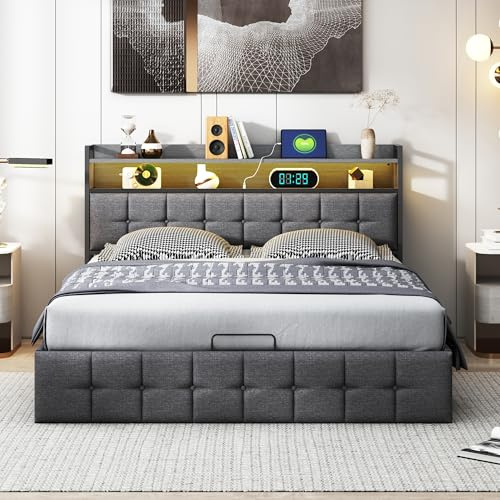 BRYXR 140 x 190 cm Polsterbett, Doppelbett mit hydraulischem Stauraum, Mehrfarbiger LED-Beleuchtung und USB, Stauraumbett mit Lattenrost für Erwachsene und Jugendliche, Leinen (ohne Matratze)
