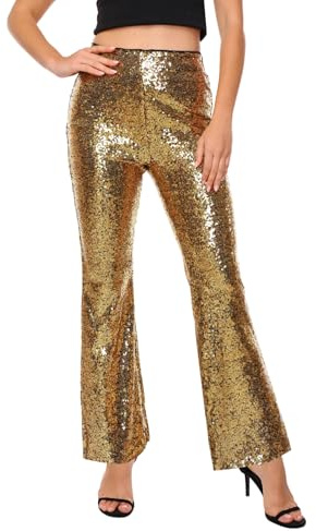 YYPBI Glitzer Hose Damen Pailletten Schlaghose High Waist Weites Bein Paillettenhose 70er 80er Disco Rave Hosen Festival Club Outfit Gold L