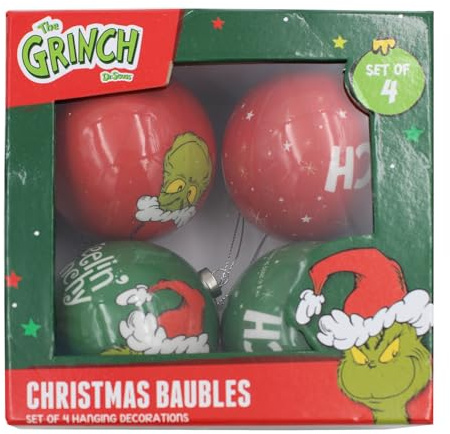 Grinch Christmas Bauble Tree Decoration 9cm Hanging Ornament - Set of Four