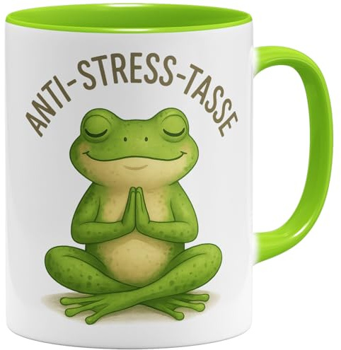 OM3® Frosch Anti-Stress Kaffee-Tasse mit Spruch - lustige Keramiktasse Namaste-Motiv - Fröschlein - Keramik Becher - 325ml - Beidseitig Bedruckt - Hellgrün