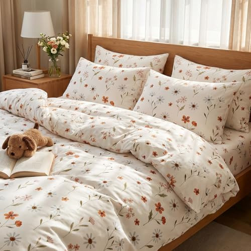Freyamy Blumen Bettwäsche 200x220cm 3tlg Weiß Orange Rosa Hellblau Blüten | Bettwäsche-Set Mikrofaser Bettwäsche Bunt Floral Bettwaren-Sets 1 Bettbezug mit Reißverschluss und 2 Kissenbezüge 80x80cm