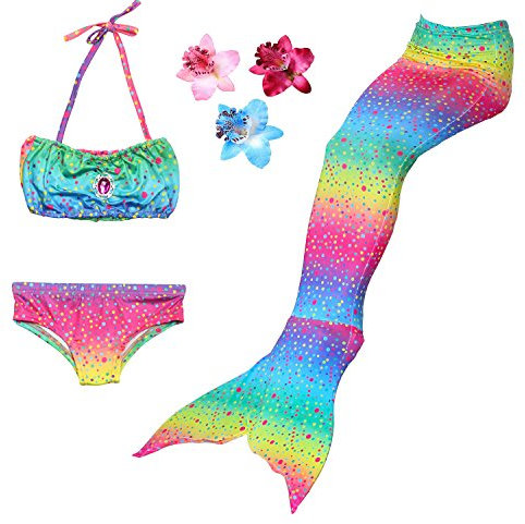 DAXIANG 3 Pièces Maillot de Bain Fille Queue de Sirène Princesse Séchage Rapide Bikini Piscine Enfant,Arc en Ciel,6-7 Ans
