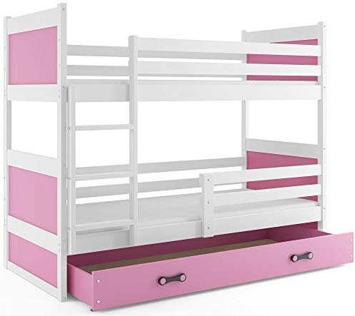 Interbeds Etagenbett Hochbett RICO 90x190cm, Farbe: Weiβ, Kinderbett mit Lattenroste und Matratzen (ROSA)
