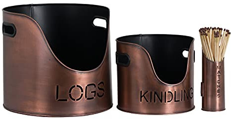 Hill 1975 Log's & Kindling Buckets + Matchstick Holder Copper Finish, METAL, Mixed, 34 x 34 x 32 cm